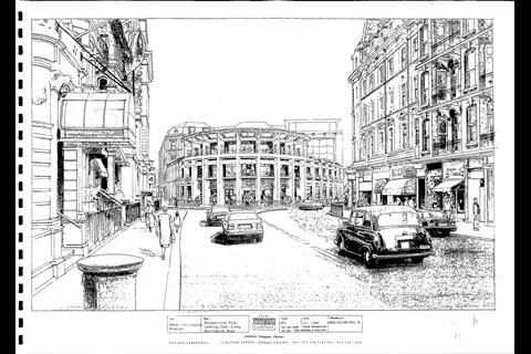 Farrells' 1994 proposal - looking towards the bullnose of South Kensington station from Harrington Road